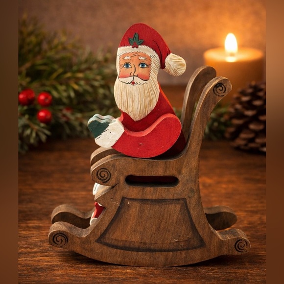 Unbranded Other - Hand-Carved & Painted Wooden Santa in Sleigh Christmas Decoration 6.5”